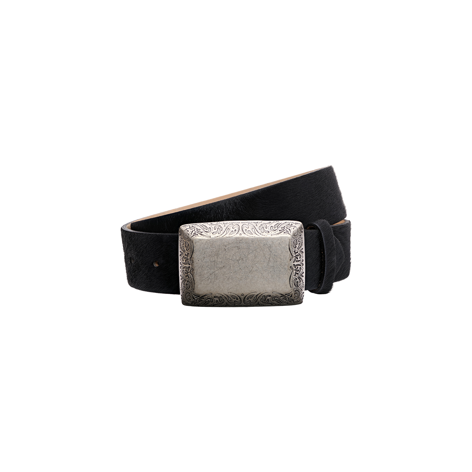 The Solera Belt is a black leather belt with a large rectangular silver buckle adorned with intricate engraved patterns, handcrafted in LA and displayed against a plain white background.