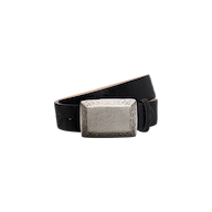 The Solera Belt is a black leather belt with a large rectangular silver buckle adorned with intricate engraved patterns, handcrafted in LA and displayed against a plain white background.