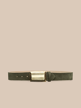 Sure Here’s a rewritten sentence using the product data: The Cebo Belt, handcrafted in LA from green suede, features a gold rectangular buckle and is displayed against a light beige background.