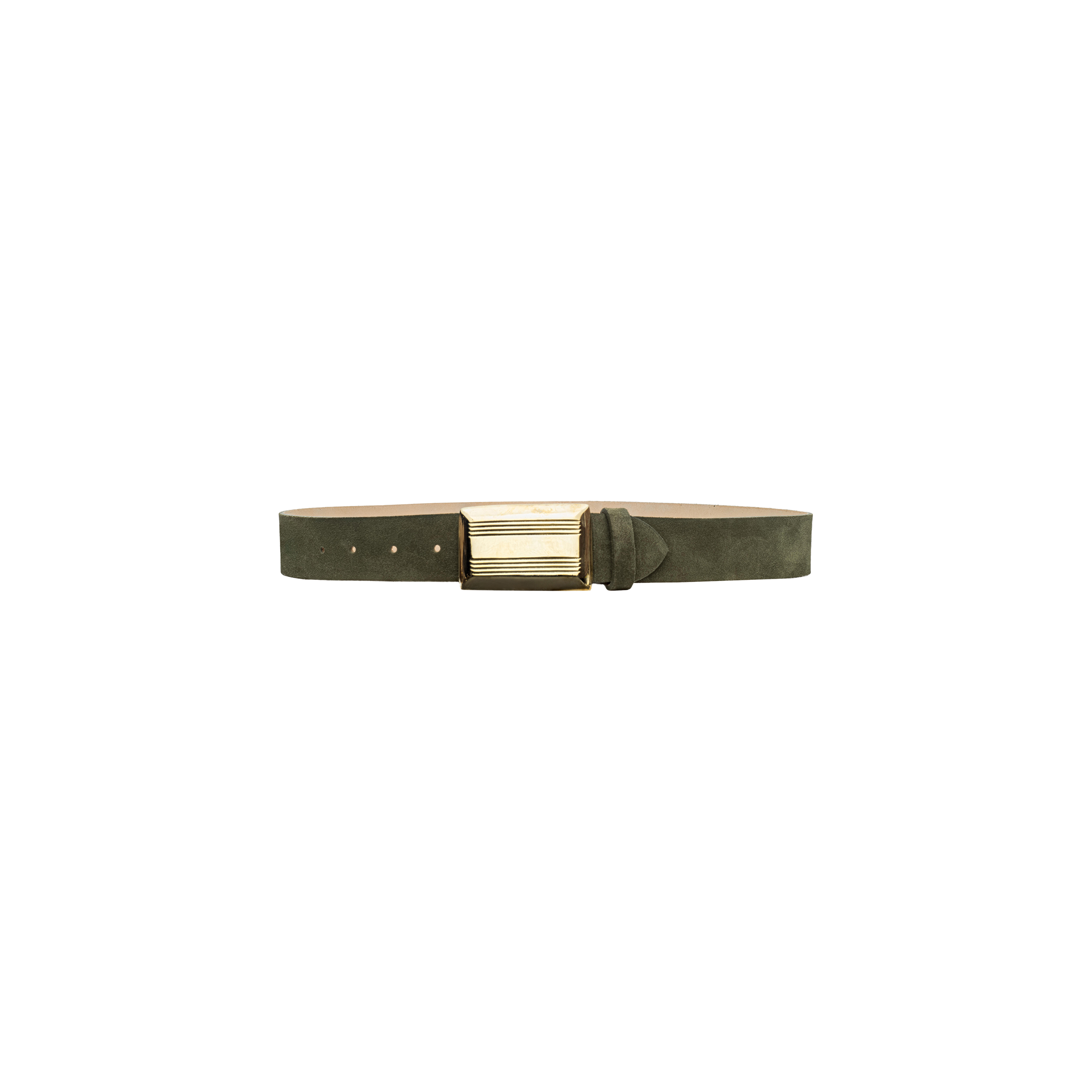 The Cebo Belt is a dark green Italian suede accessory featuring a wide, rectangular gold buckle, expertly handcrafted in LA and shown against a white background.