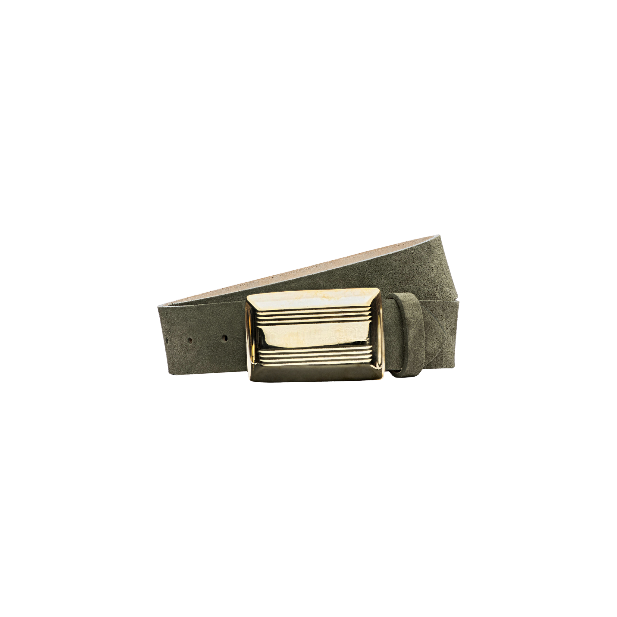 The Cebo Belt is a gray Italian suede belt with a large, rectangular gold buckle featuring a ribbed design, handcrafted in LA and showcased against a plain white background.
