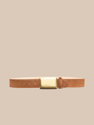A brown leather belt with a shiny rectangular gold buckle, displayed on a beige background.