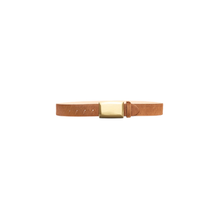 The Sierra Belt, handcrafted in LA from tan calf hair leather and finished with a polished brass buckle, is displayed on a plain white background.