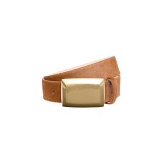 The Sierra Belt, handcrafted in LA from tan calf hair leather and featuring a rectangular polished brass buckle, is coiled neatly against a plain white background.