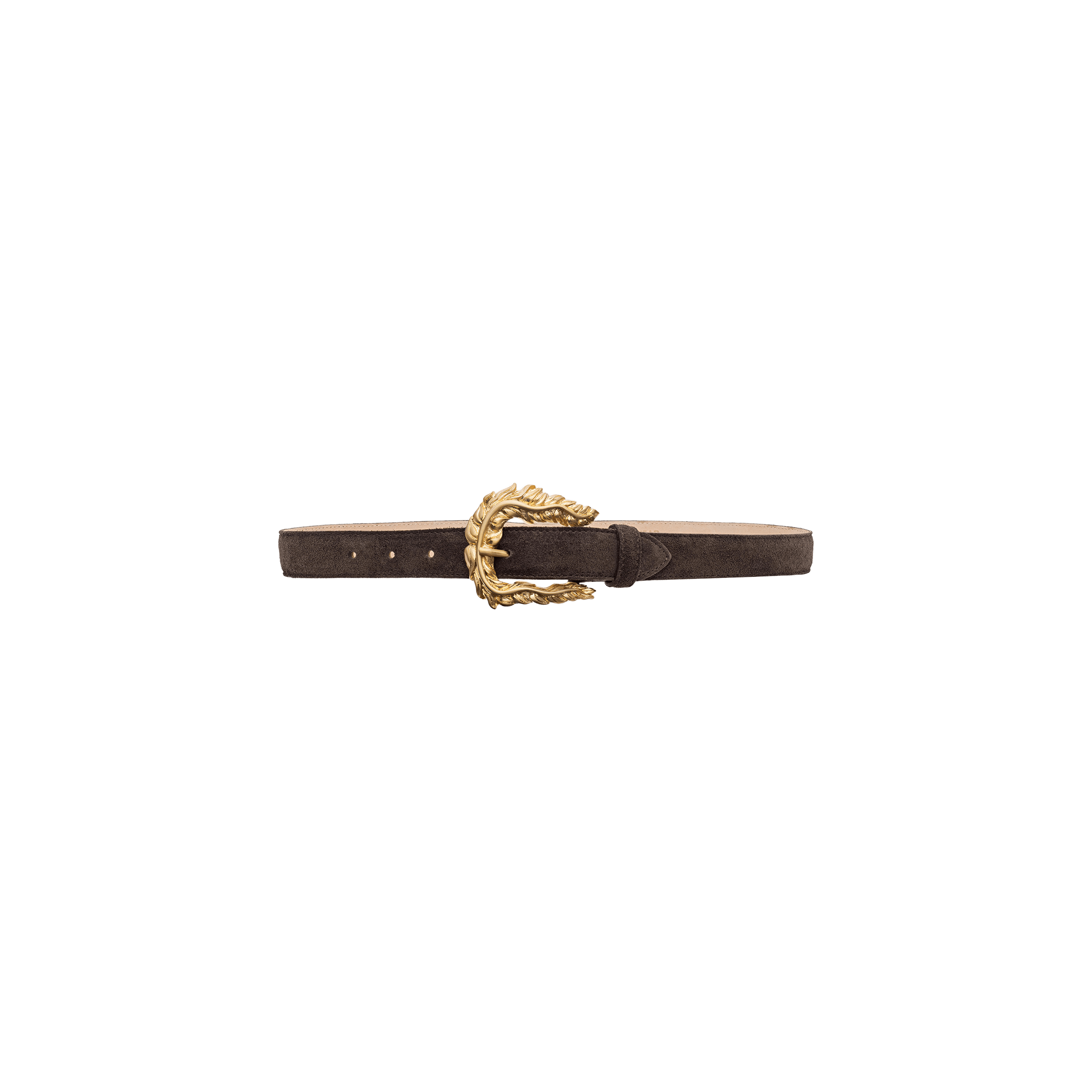The Sedaris Suede Belt, handcrafted in LA, features brown suede and a gold-plated buckle with a leaf-like design, displayed on a plain white background.