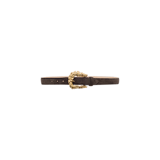 The Sedaris Suede Belt, crafted in brown suede with Italian expertise, features a gold ornate buckle with a leaf-inspired design and is showcased against a simple white background.