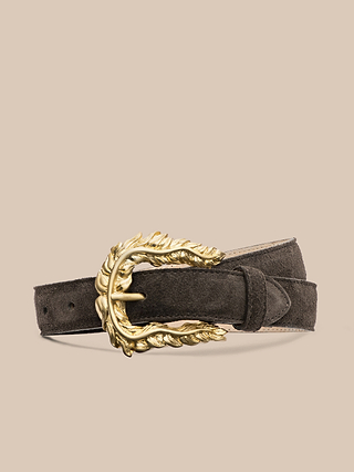 The Sedaris Suede Belt is a brown suede accessory with a gold-plated buckle featuring an ornate leaf design, handcrafted in LA and displayed against a plain beige background.