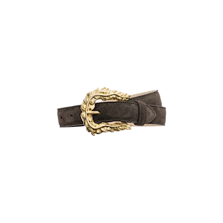 The Sedaris Suede Belt, expertly crafted in Italy, features a rich brown suede and a decorative gold buckle with an elegant leaf motif. It is displayed coiled against a plain white background.