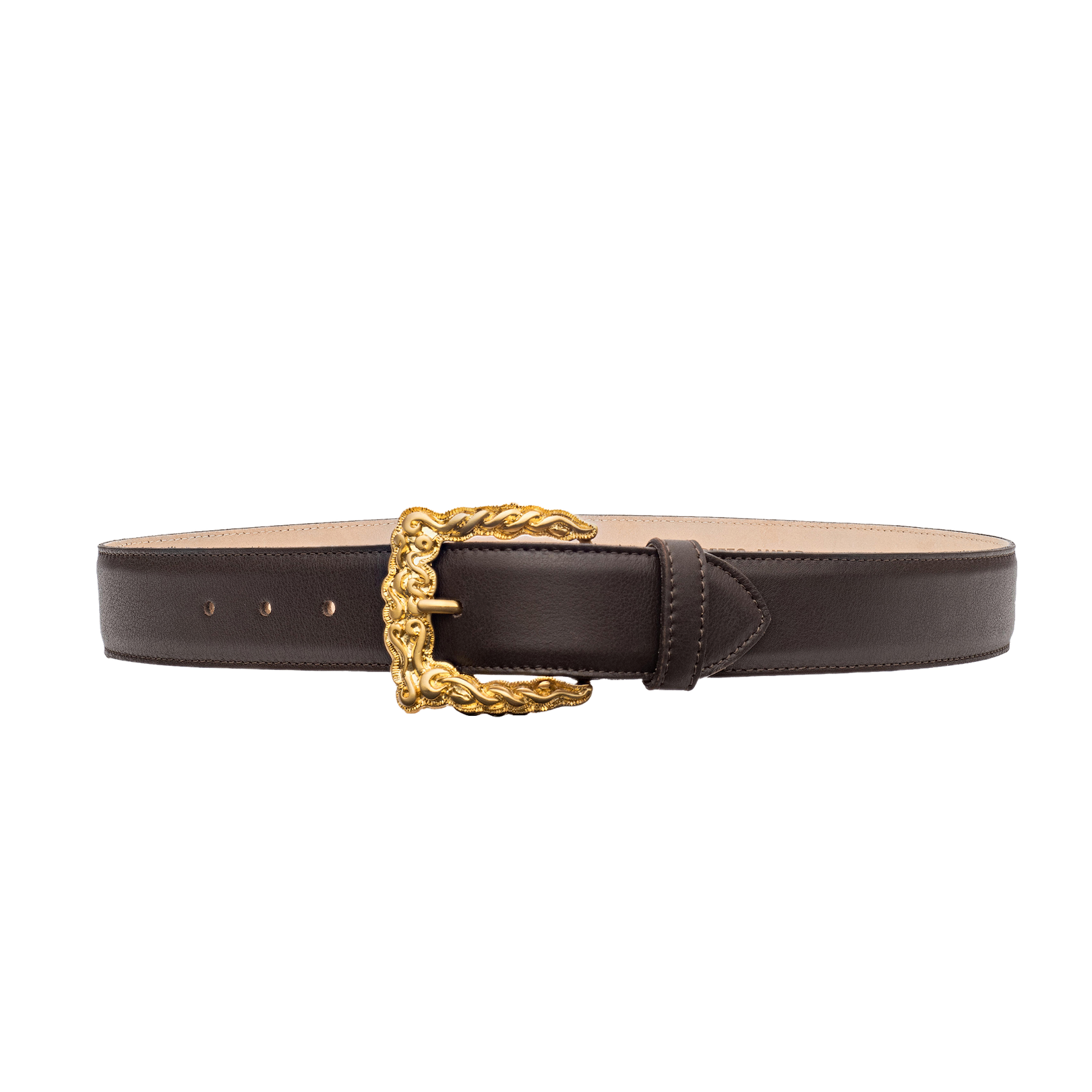 The Marcaeu Belt, handcrafted in LA from dark brown Italian leather, features a decorative gold-plated buckle and two visible adjustment holes. It is displayed against a plain white background.