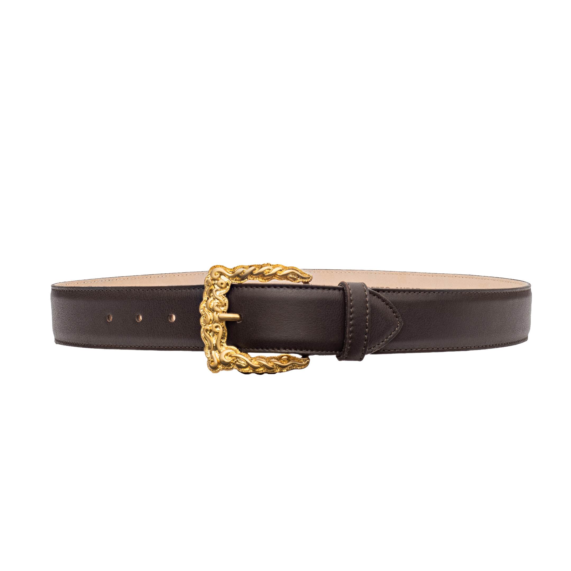 The Marcaeu Belt is a dark brown Italian leather accessory, handcrafted in LA, featuring a decorative gold-plated buckle with an intricate braided design, displayed against a plain white background.