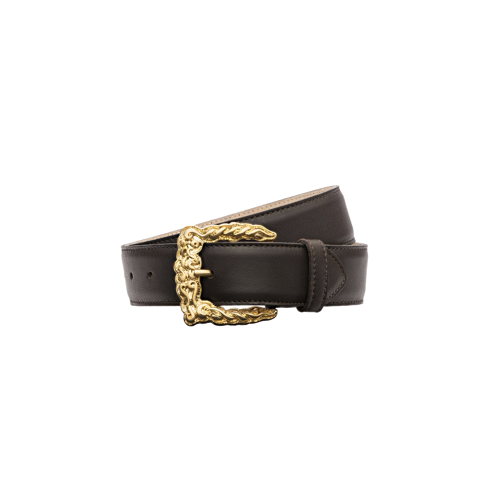 The Marcaeu Belt, handcrafted in LA from dark brown Italian leather and featuring a decorative gold-plated buckle, is coiled neatly against a plain white background.