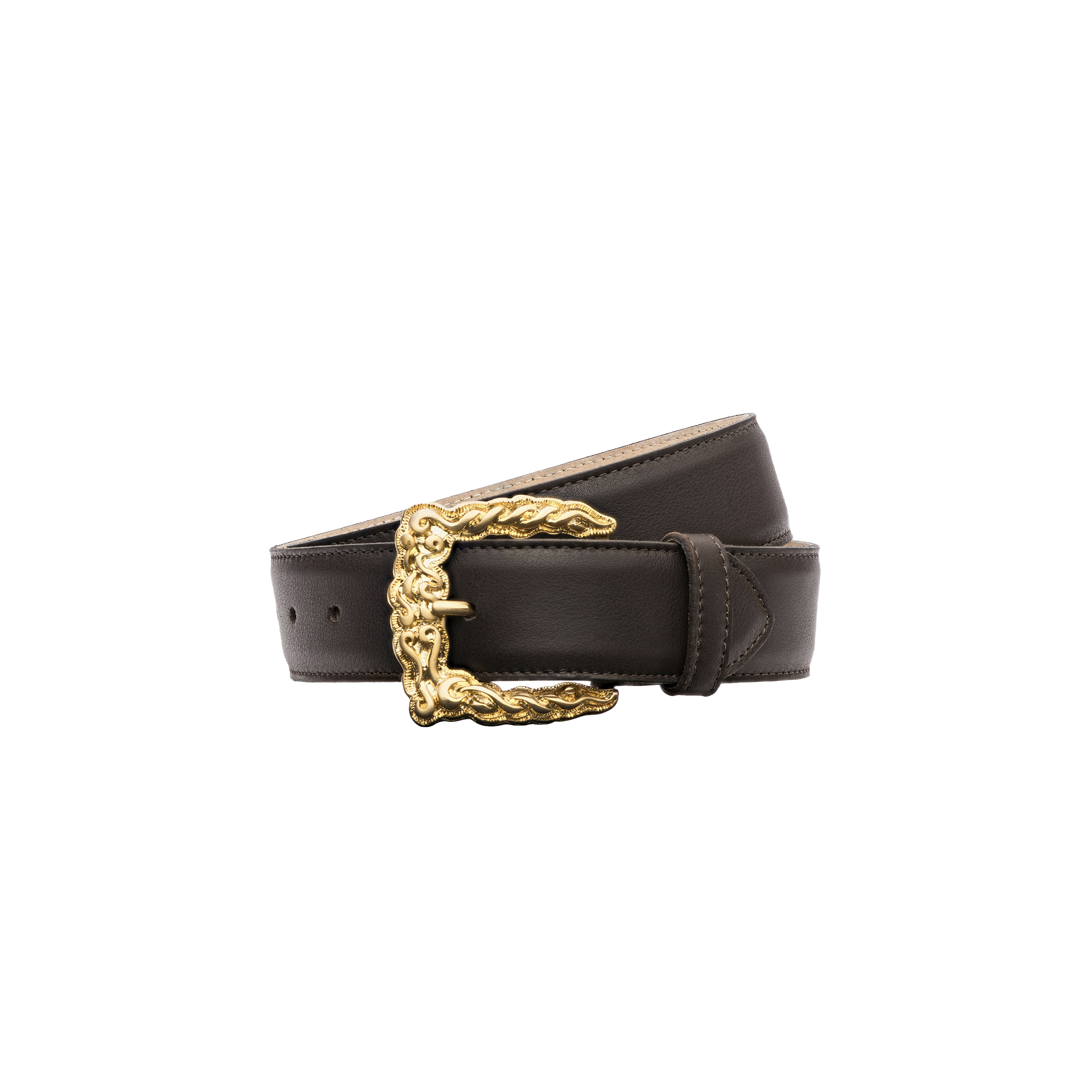 The Marcaeu Belt is a dark brown Italian leather accessory handcrafted in LA, featuring a decorative gold-plated buckle with intricate detailing, displayed coiled against a white background.