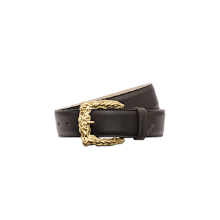 The Marcaeu Belt, handcrafted in LA from dark brown Italian leather, features a decorative, ornate gold-plated buckle and is coiled neatly against a plain white background.