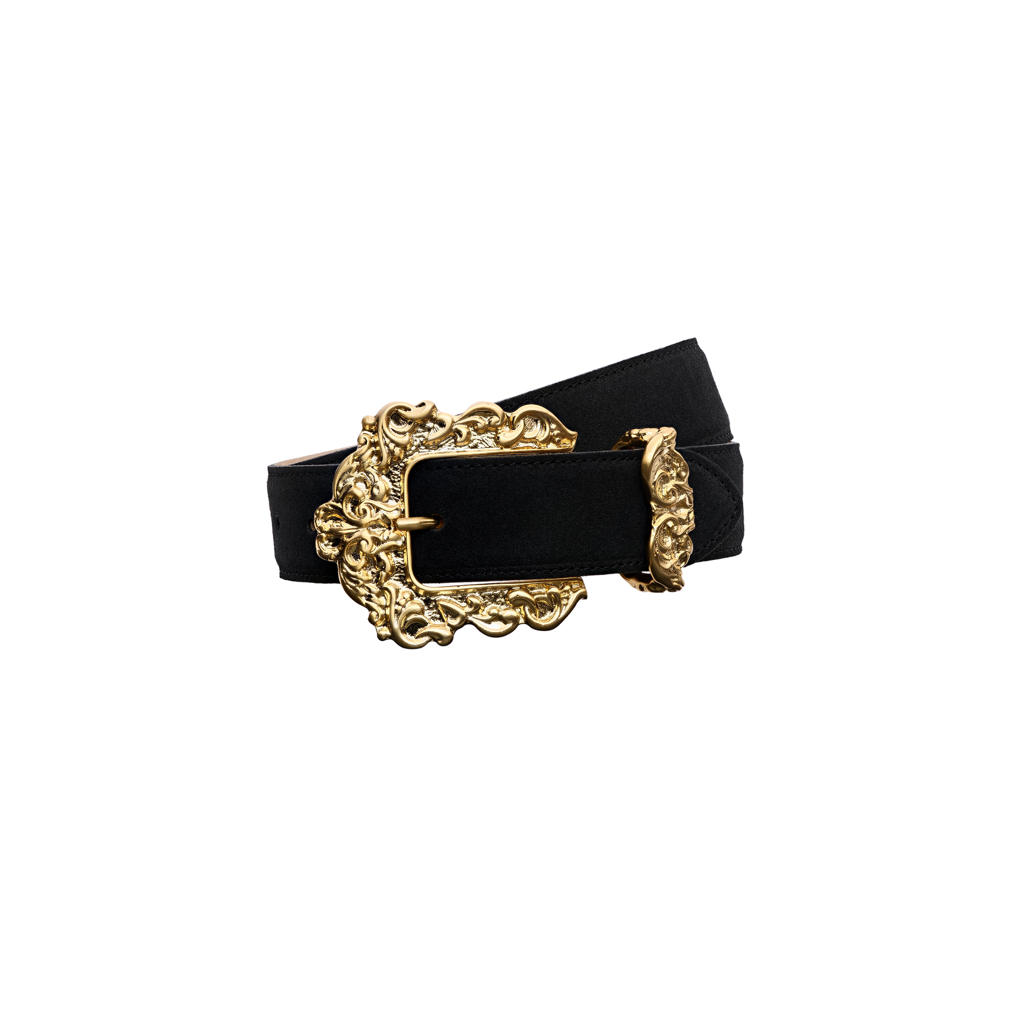 Caldera Suede Belt in black Italian calfsuede featuring an ornate, gold-plated filigree buckle and matching keeper.