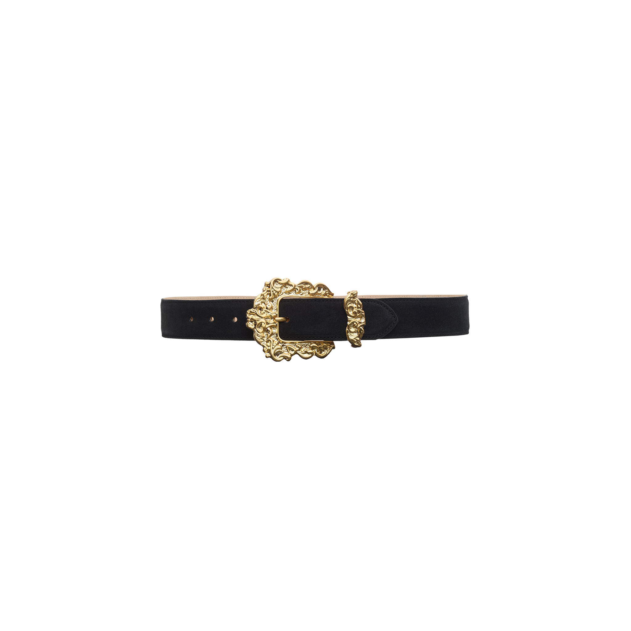 Black Italian calfsuede Caldera Suede belt with an ornate gold-plated buckle.