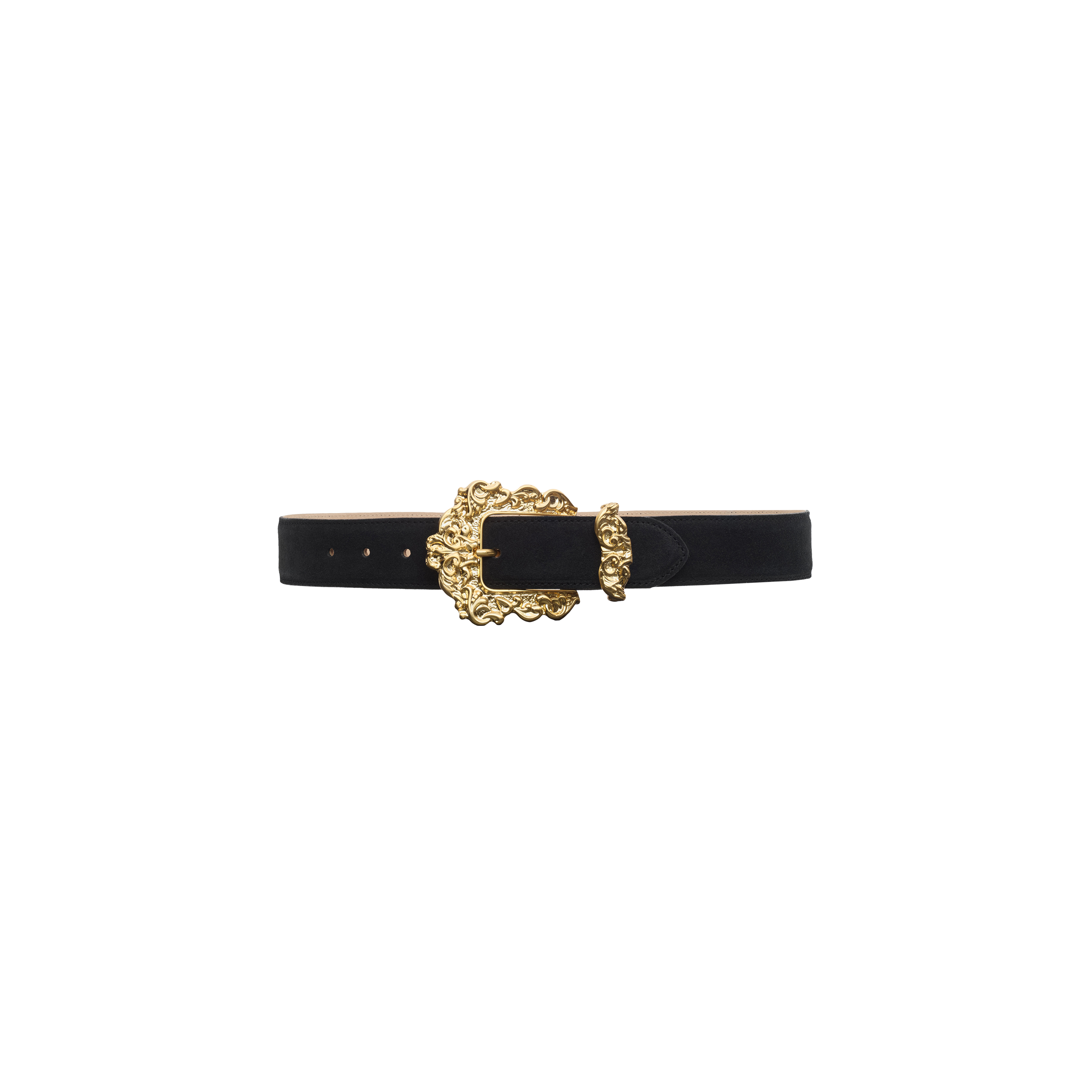 Black Italian calfsuede Caldera Suede belt with an ornate gold-plated buckle.