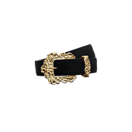 Caldera Suede Belt in black Italian calfsuede featuring a large, ornate gold-plated buckle with intricate filigree detailing.