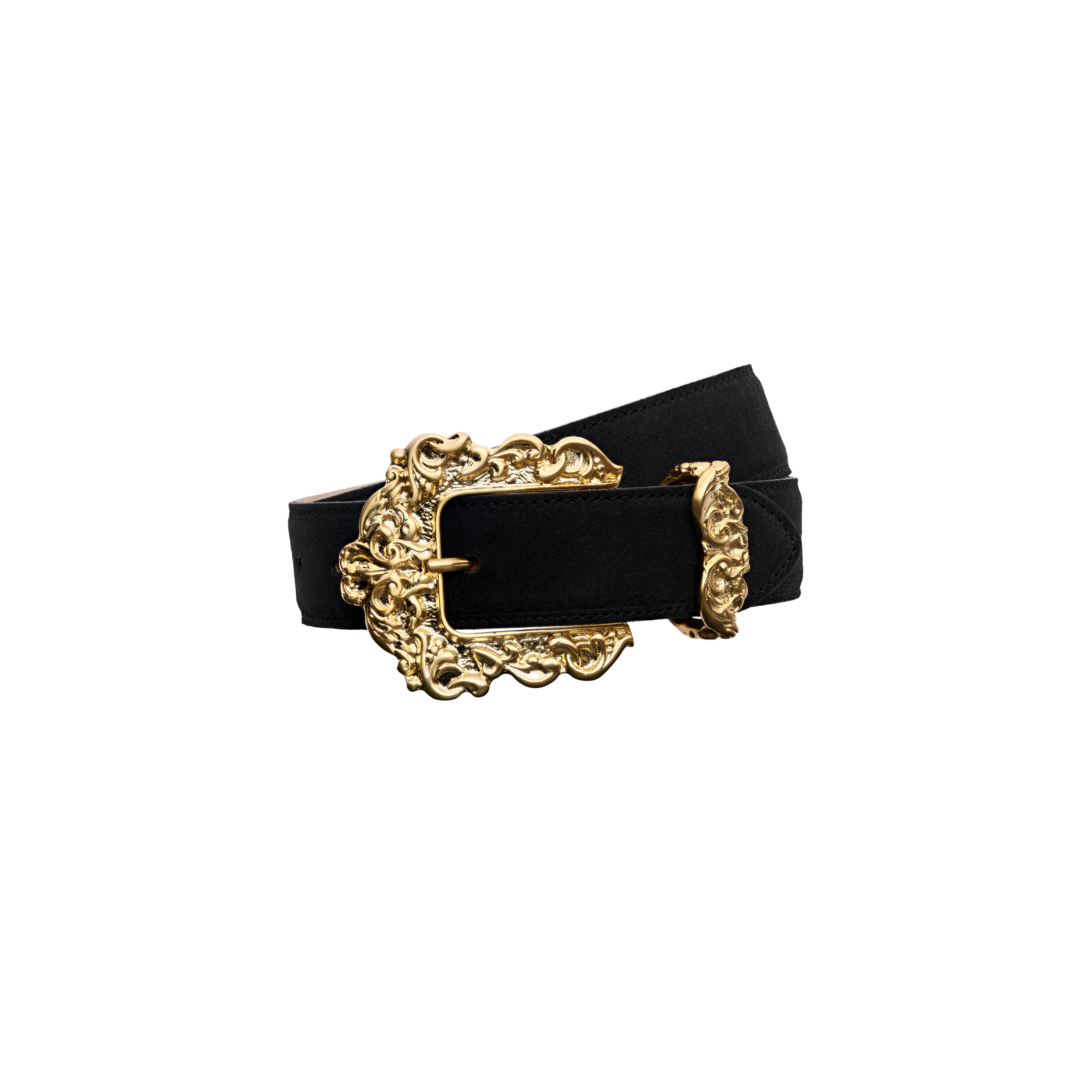 Caldera Suede Belt in black Italian calfsuede featuring a large, ornate gold-plated buckle with intricate filigree detailing.