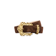 Caldera Suede Belt in brown Italian calfsuede featuring an ornate gold-plated buckle and keeper.