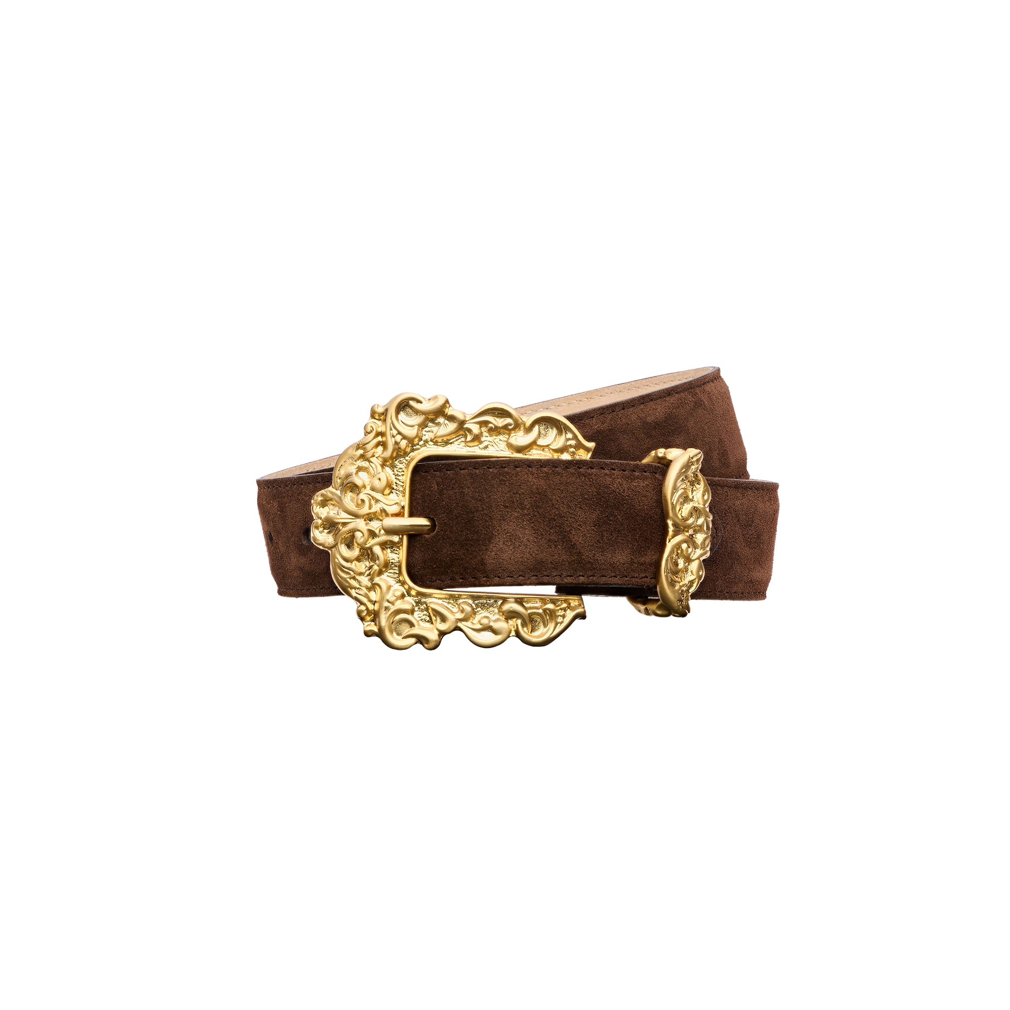 Caldera Suede Belt in brown Italian calfsuede featuring an ornate gold-plated buckle and keeper.