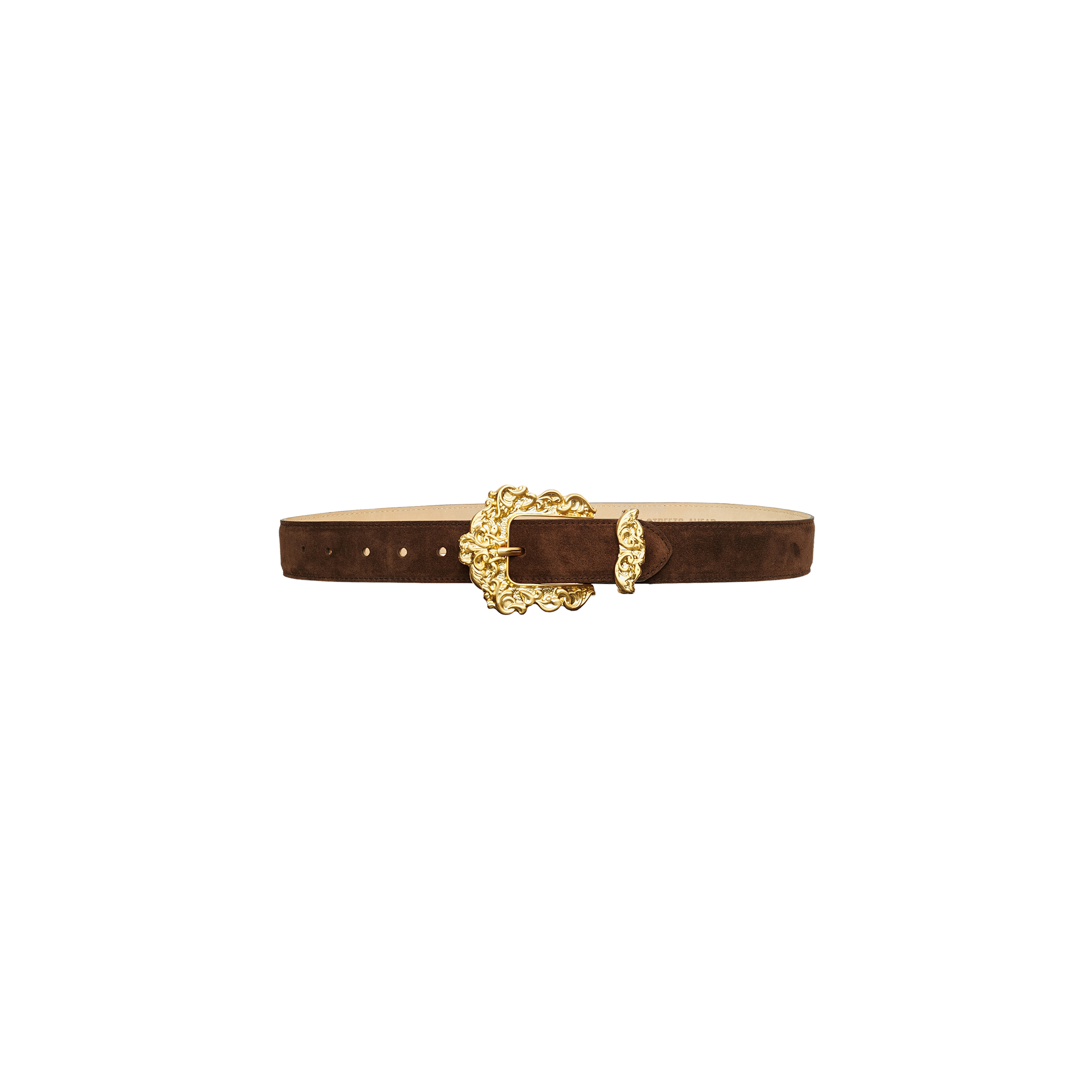 Brown Italian calfsuede Caldera Suede Belt with an ornate, gold-toned filigree buckle.
