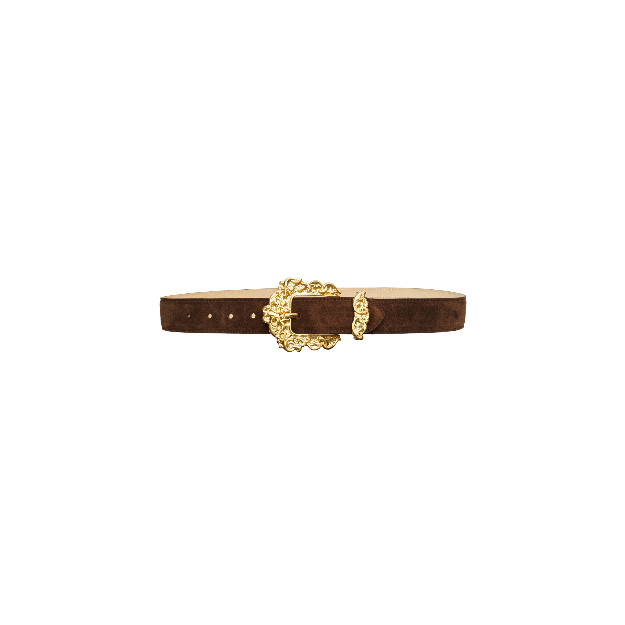 Brown Italian calfsuede Caldera Suede Belt with an ornate, gold-toned filigree buckle.