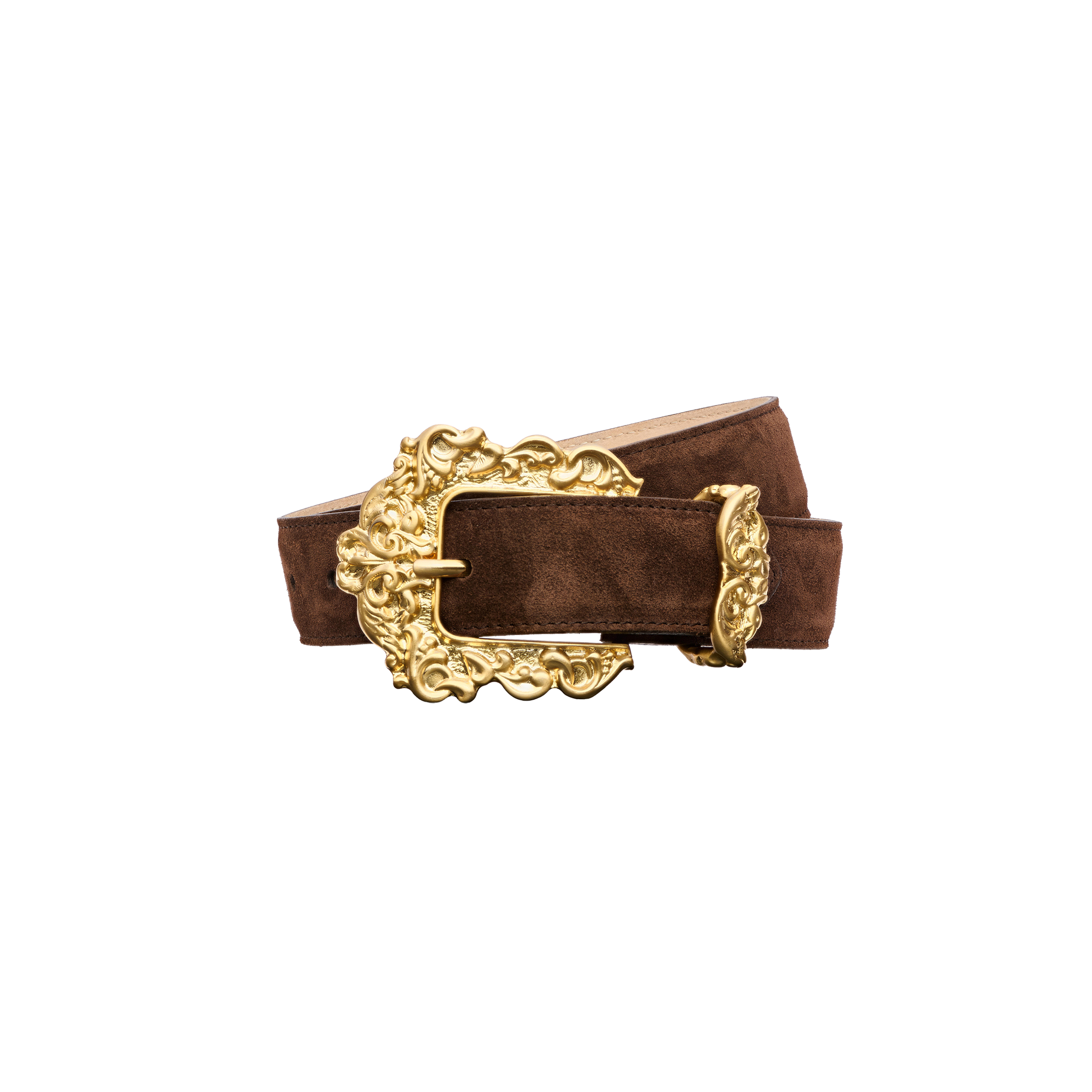 Caldera Suede Belt crafted from brown Italian calfsuede leather, featuring an ornate, gold-plated buckle and matching loop.