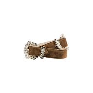 The Chayenne Suede Belt, crafted from rich brown Italian suede and featuring ornate silver buckles with decorative accents, is shown coiled into a loop against a plain white background.