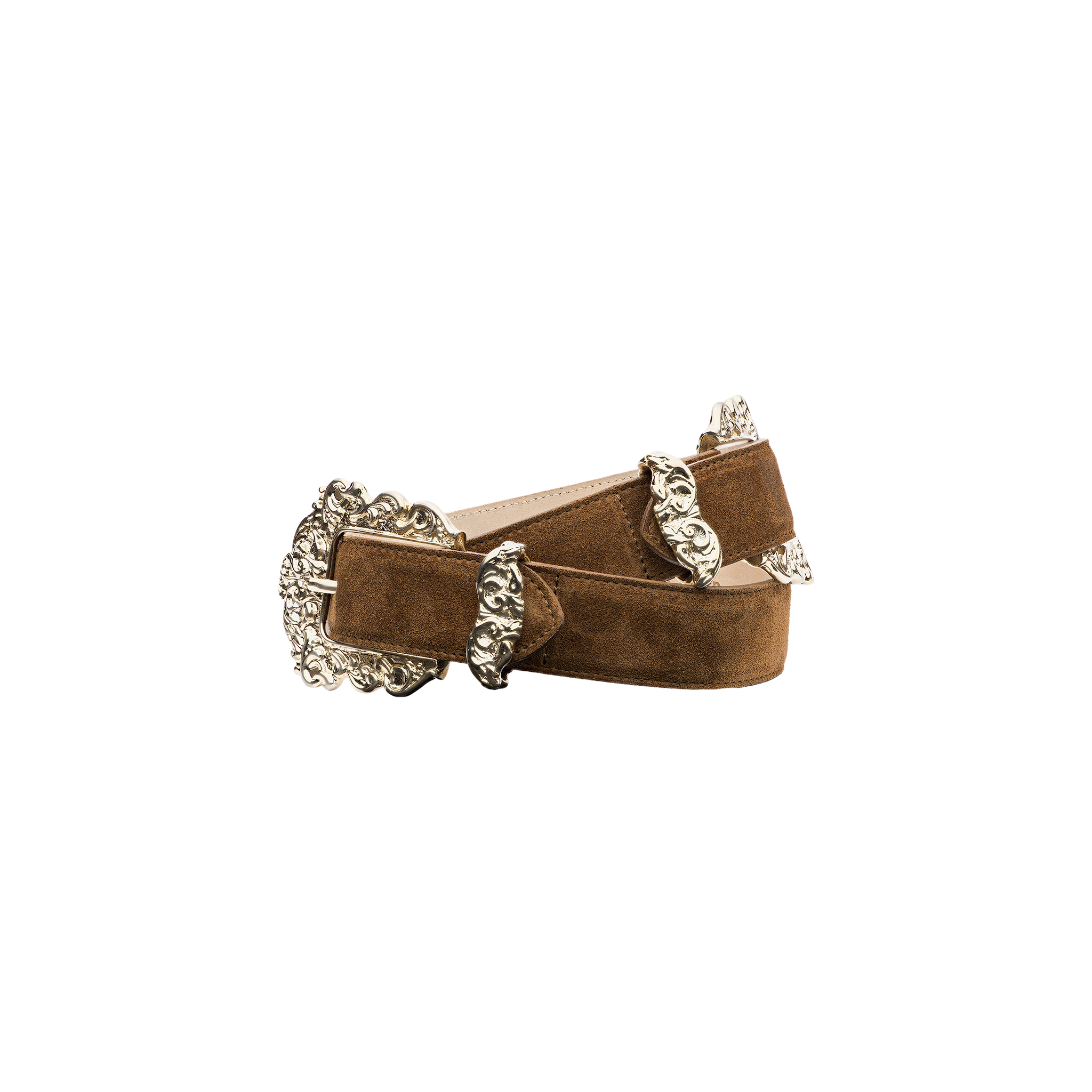 The Chayenne Suede Belt, crafted from rich brown Italian suede and featuring ornate silver buckles with decorative accents, is shown coiled into a loop against a plain white background.
