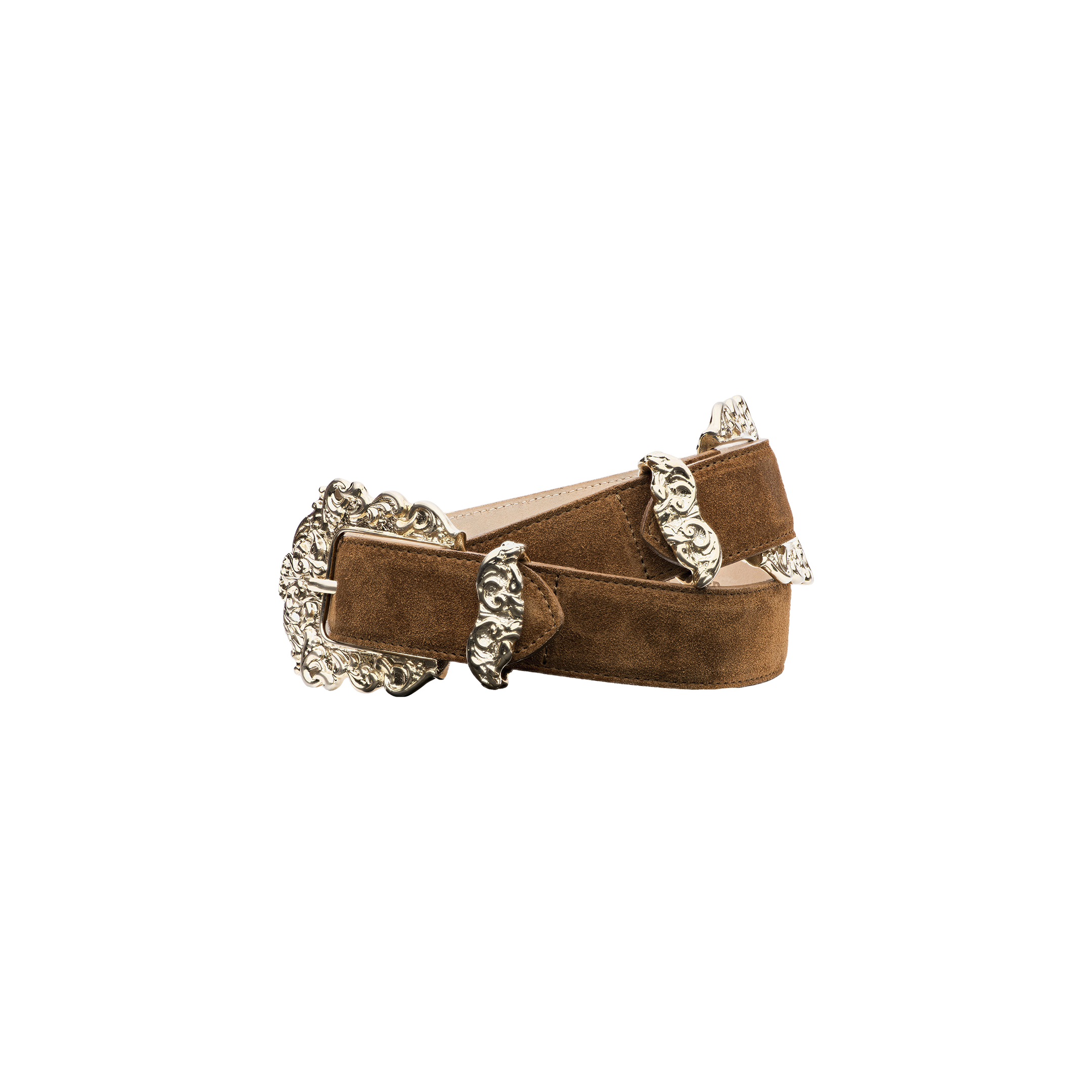 The Chayenne Suede Belt, crafted from rich brown Italian suede and featuring ornate silver buckles with decorative accents, is shown coiled into a loop against a plain white background.