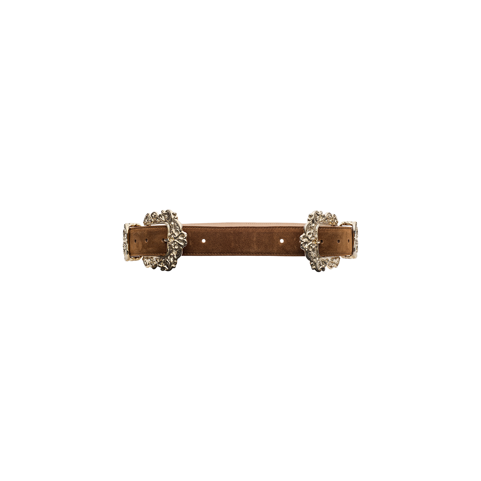 The Chayenne Suede Belt features a rococo-inspired design in brown suede, adorned with two ornate silver decorative buckles on each end, shown against a plain white background.
