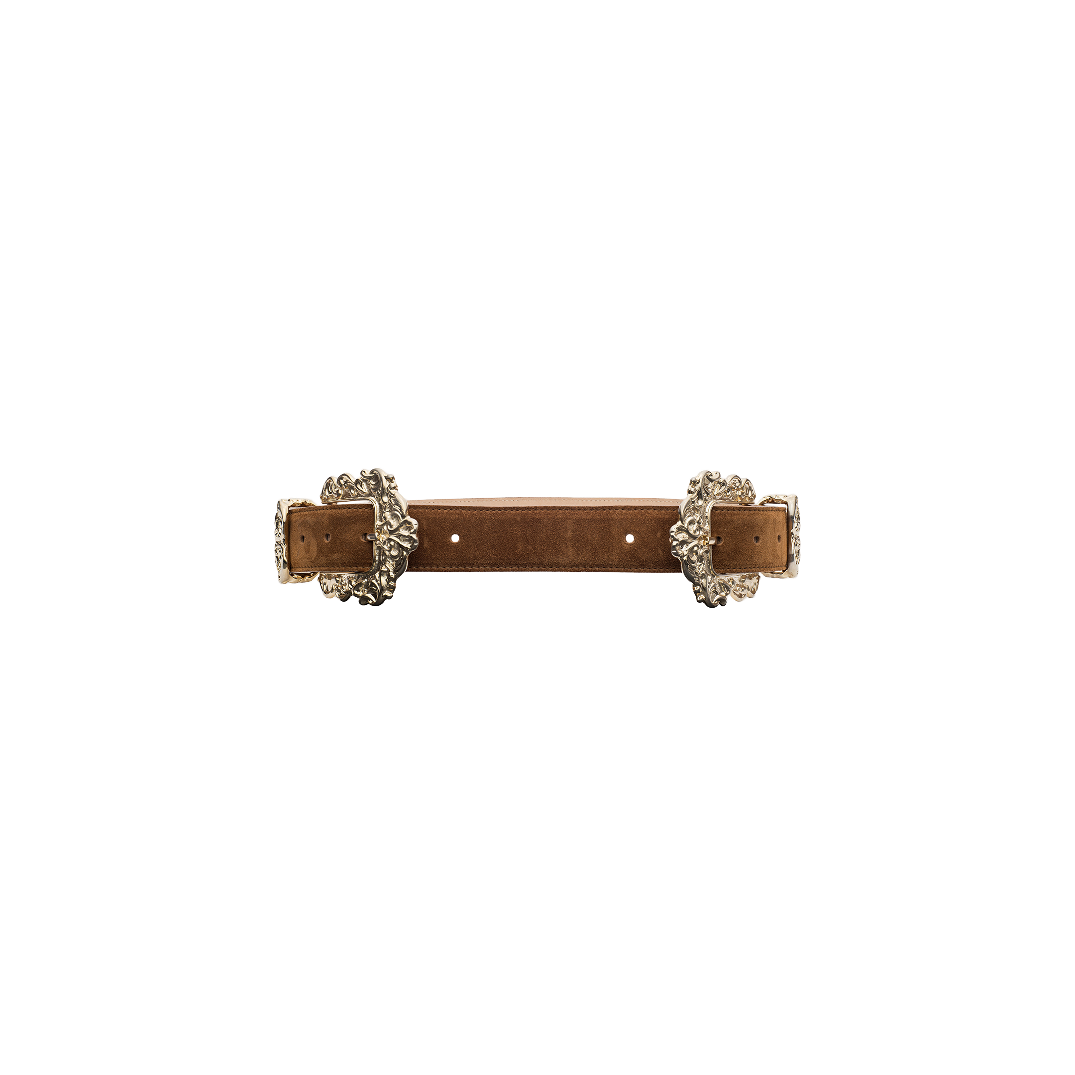 The Chayenne Suede Belt features a rococo-inspired design in brown suede, adorned with two ornate silver decorative buckles on each end, shown against a plain white background.