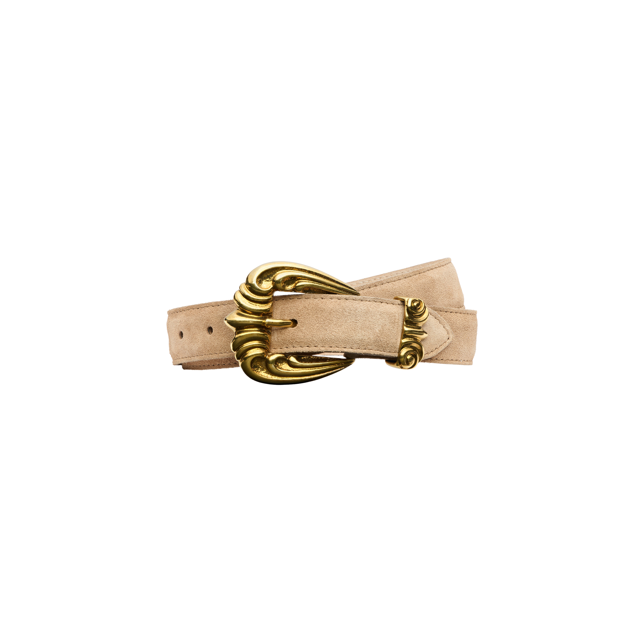 Handcrafted in LA, the Bennett Leather Belt features tan suede and a large, decorative gold-tone metal buckle.