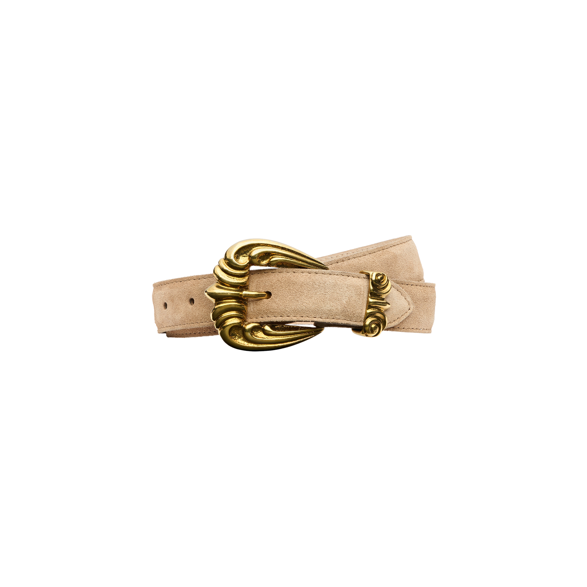 Handcrafted in LA, the Bennett Leather Belt features tan suede and a large, decorative gold-tone metal buckle.