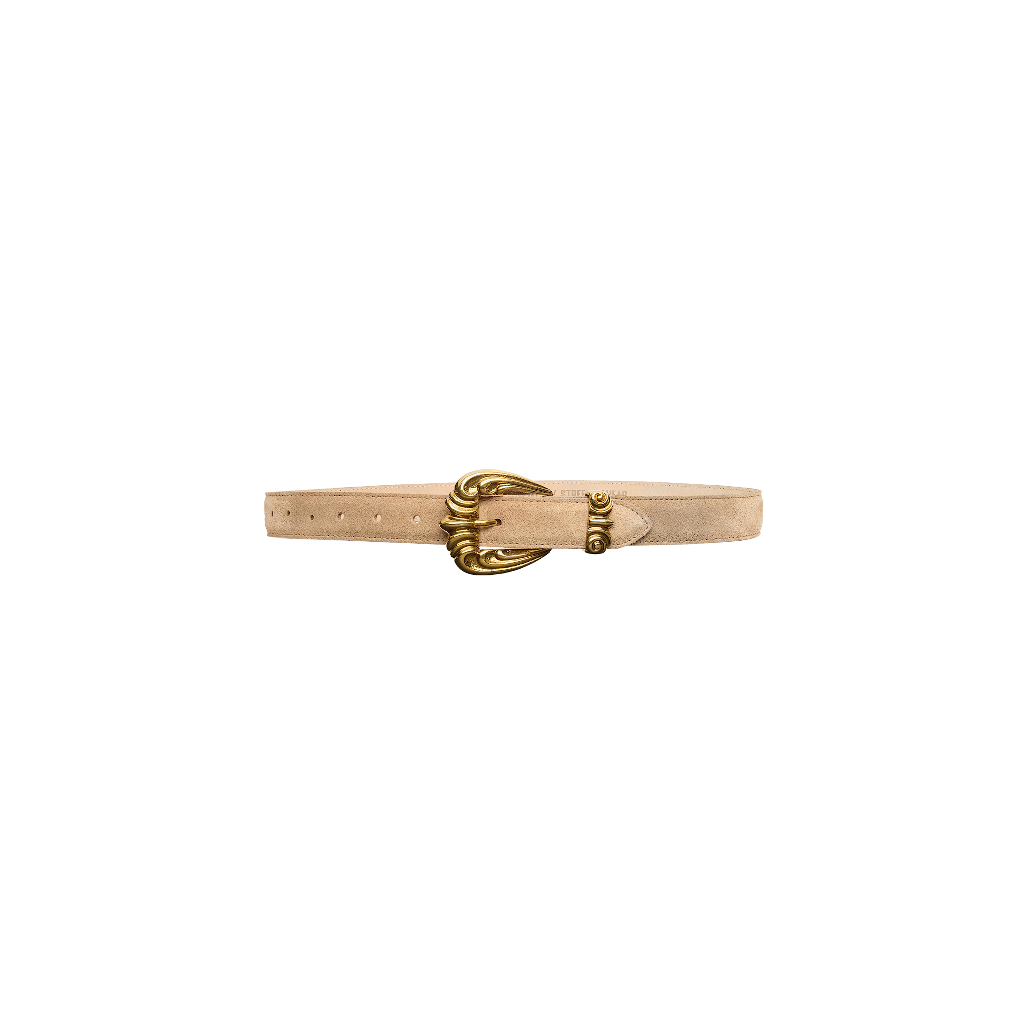 Bennett Leather Belt in tan suede, handcrafted in LA with an ornate, brushed gold-tone metal buckle.
