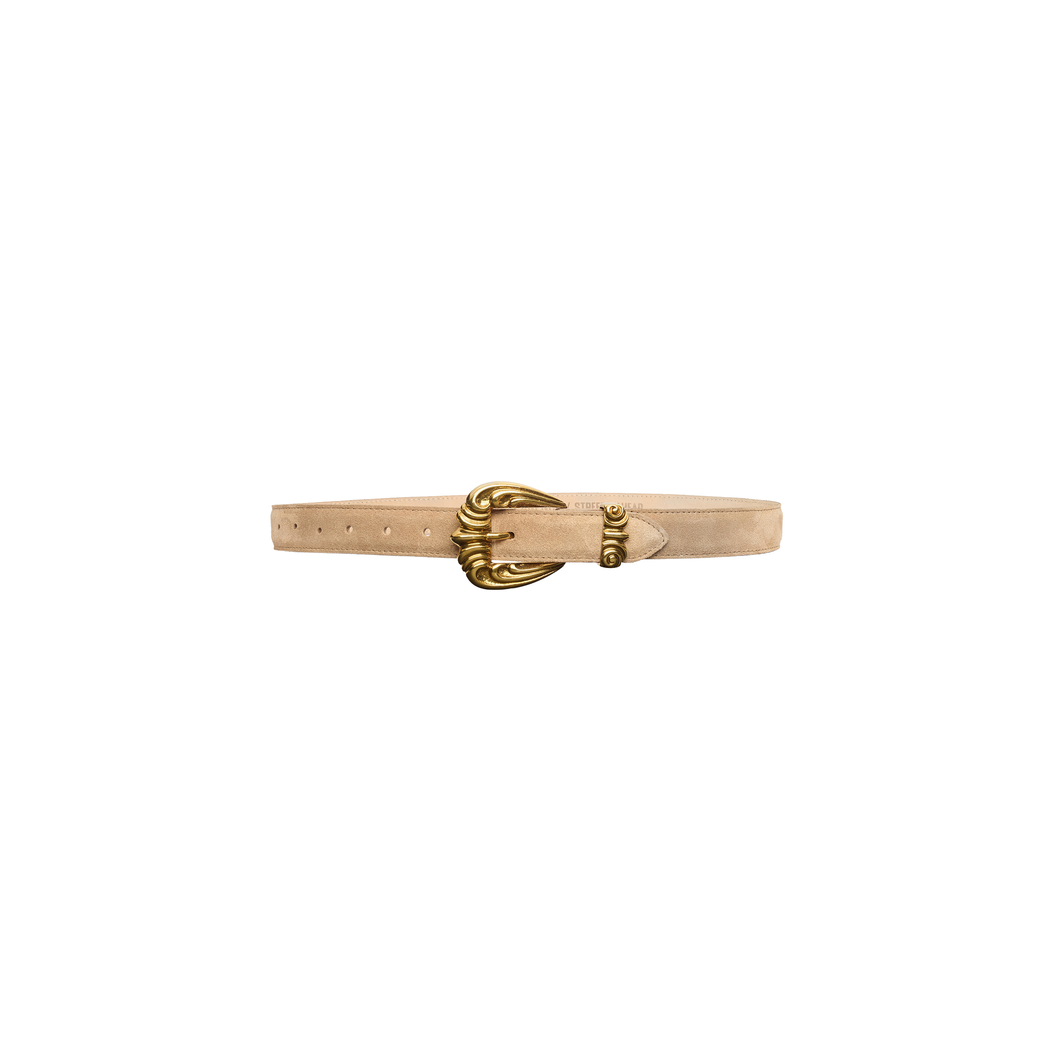 Bennett Leather Belt in tan suede, handcrafted in LA with an ornate, brushed gold-tone metal buckle.
