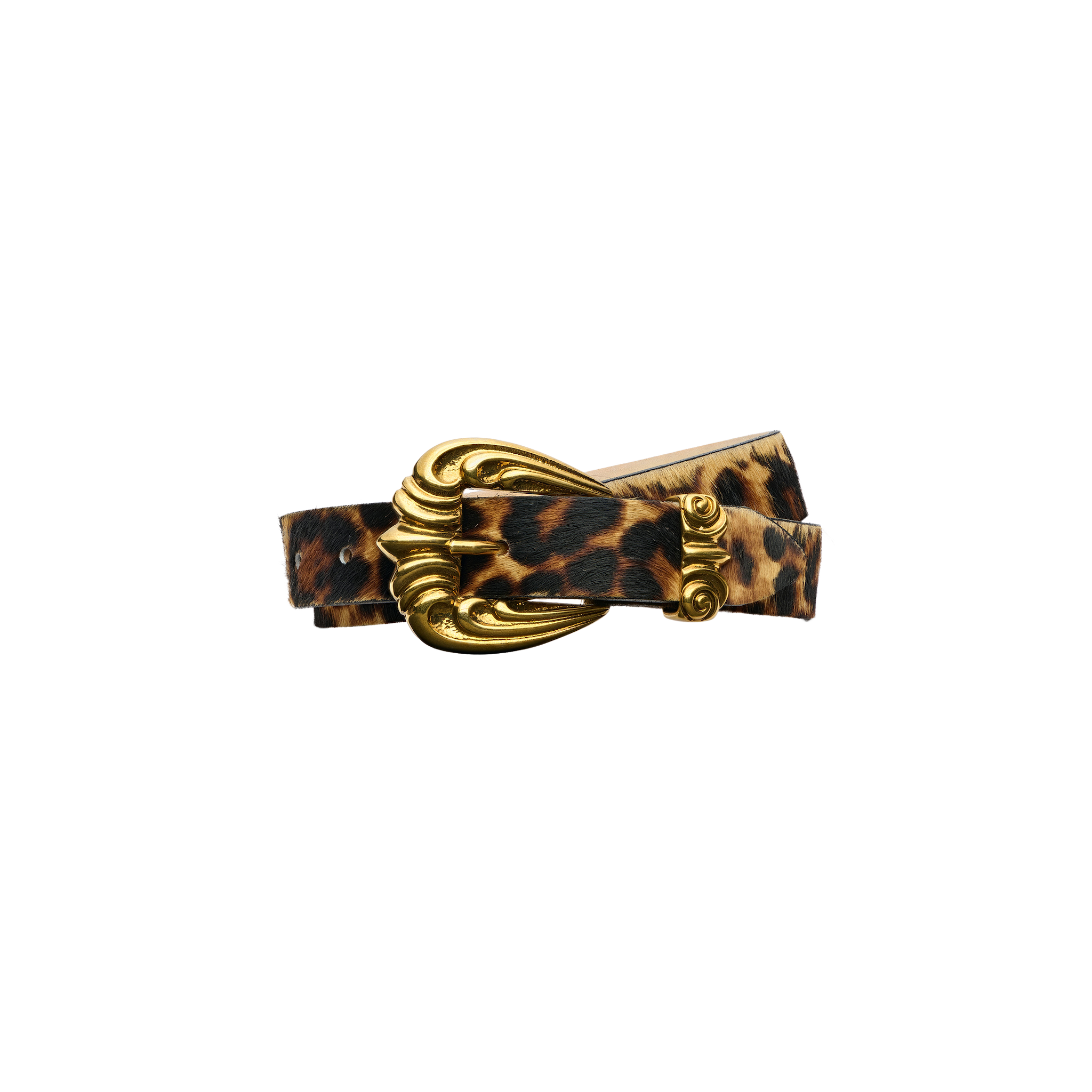 Bennett Leather Belt in Italian calfskin leopard print with an ornate, vintage-inspired gold-tone buckle.
