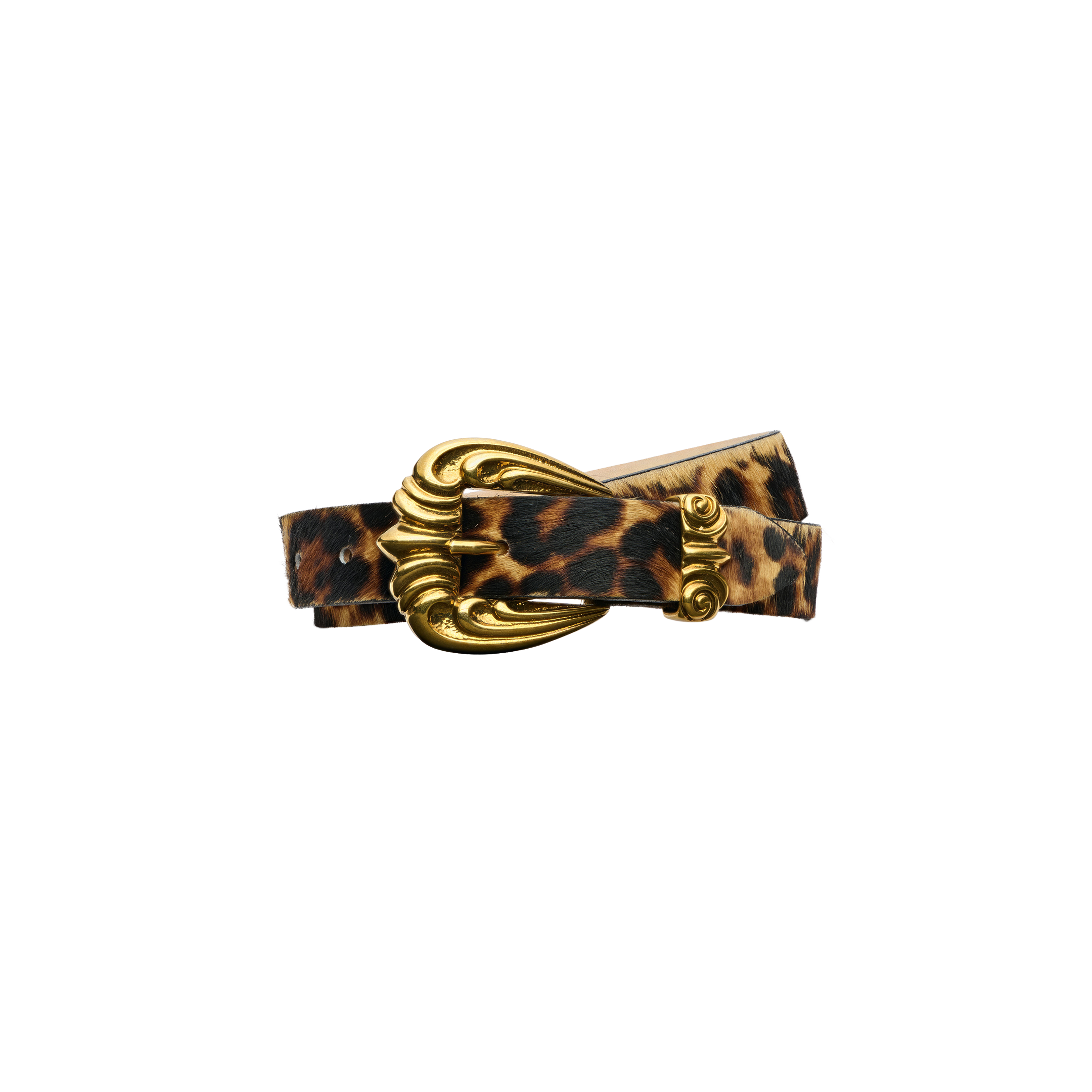 Bennett Leather Belt in leopard-print Italian calfskin with an ornate gold-tone buckle and keeper.