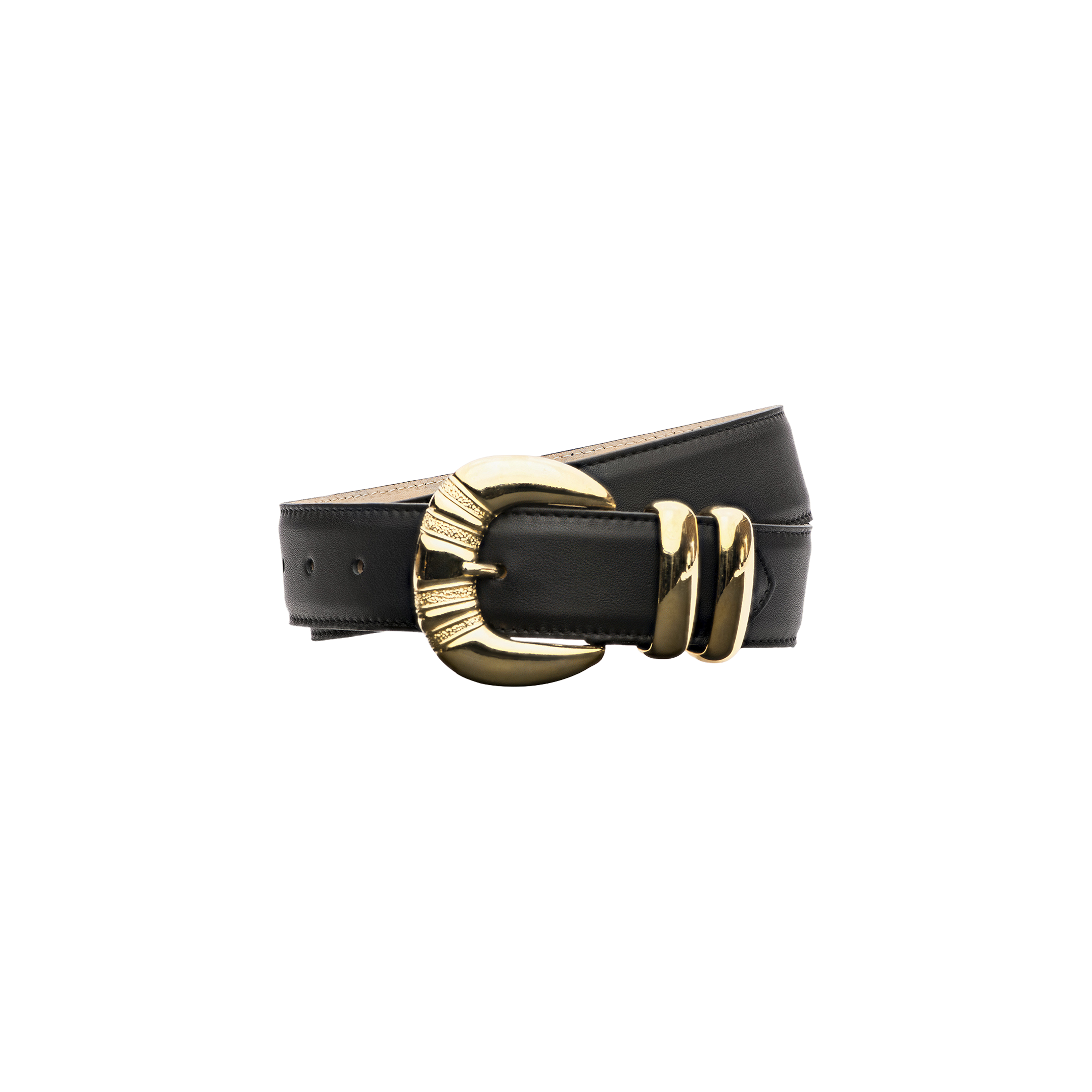 The Yarros Leather Belt, handcrafted in LA, features a large, shiny gold-plated buckle with two matching gold loops, all set against a plain white background.