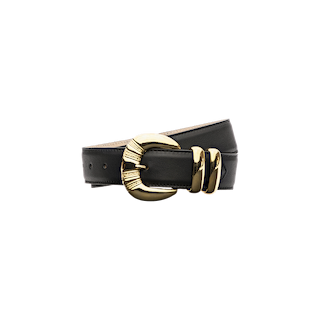 The Yarros Leather Belt, handcrafted in LA, features a large, shiny gold-plated buckle with two matching gold loops, all set against a plain white background.