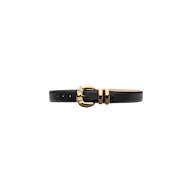 The Yarros Leather Belt, handcrafted in LA from black leather, features a shiny gold-plated buckle with two matching gold belt loops and is displayed on a plain white background.