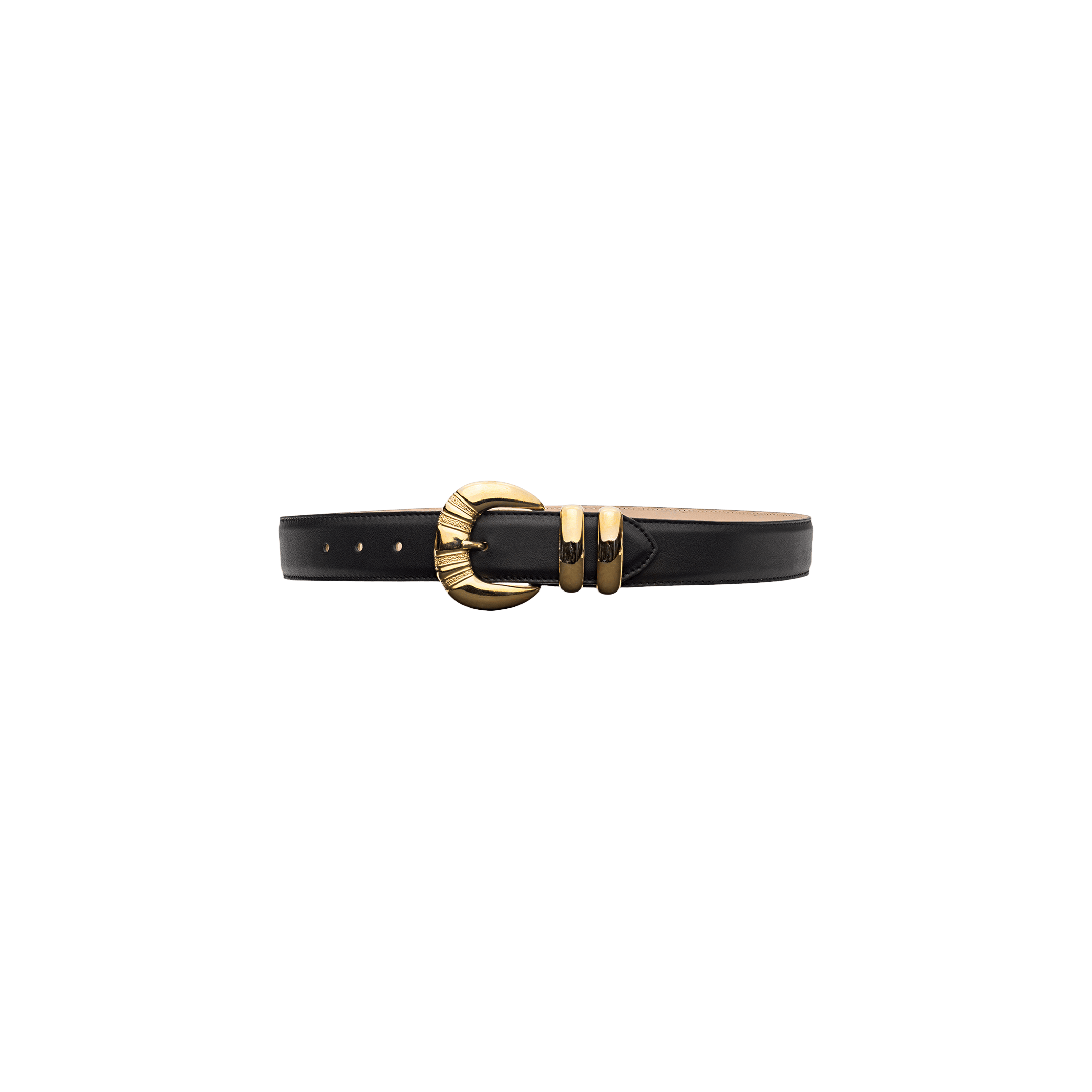 The Yarros Leather Belt, handcrafted in LA from black leather, features a shiny gold-plated buckle with two matching gold belt loops and is displayed on a plain white background.
