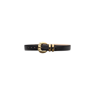 The Yarros Leather Belt, handcrafted in LA from black leather, features a shiny gold-plated buckle with two matching gold belt loops and is displayed on a plain white background.