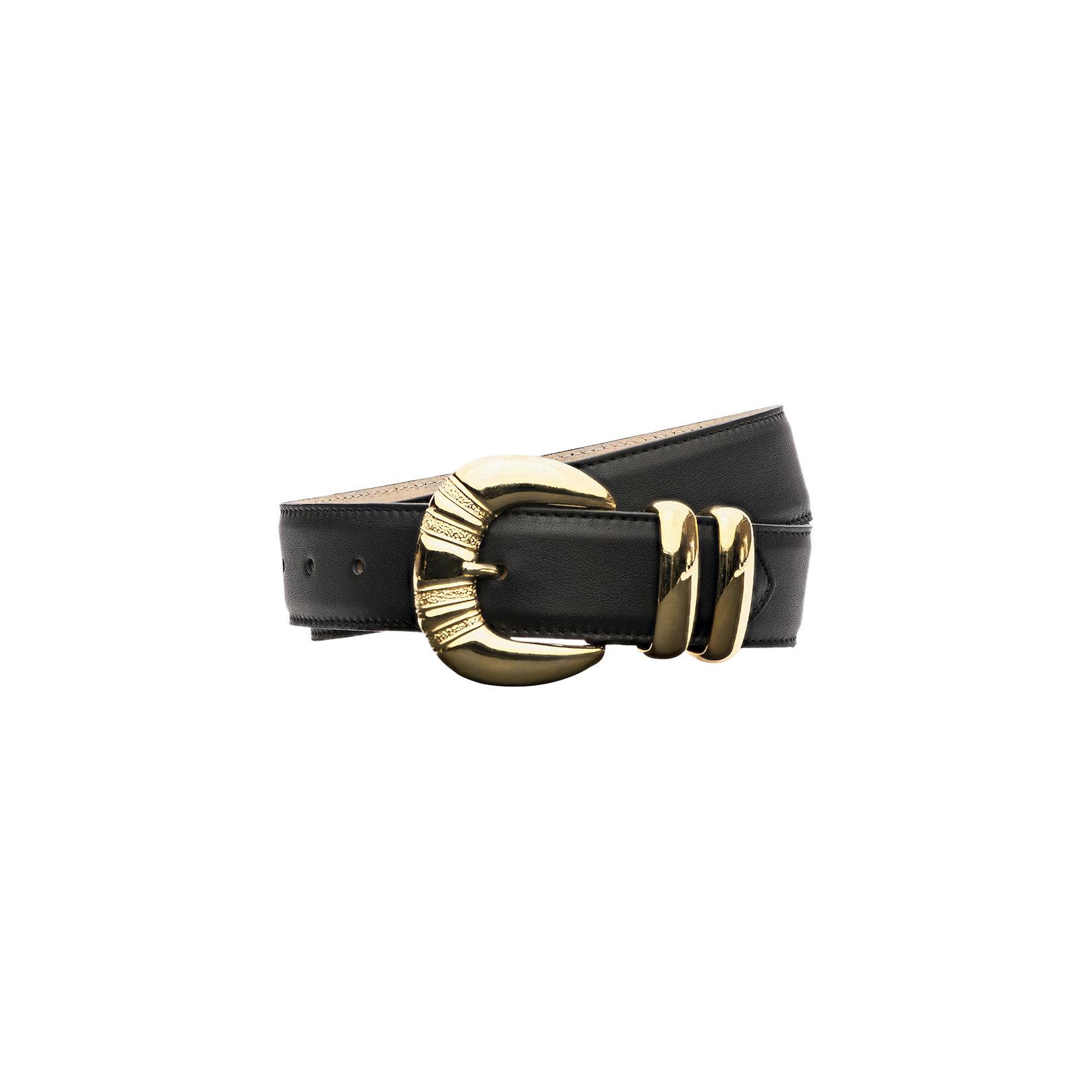 The Yarros Leather Belt, crafted from premium black Italian leather, features a decorative gold-plated buckle with two matching gold loops and is displayed against a plain white background.