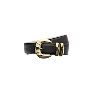 The Yarros Leather Belt, crafted from premium black Italian leather, features a decorative gold-plated buckle with two matching gold loops and is displayed against a plain white background.