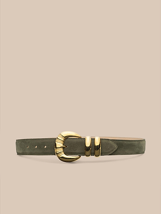 The Yarros Belt, crafted from Italian suede in olive green, showcases a textured gold-plated buckle with two matching gold loops, set against a plain beige background.