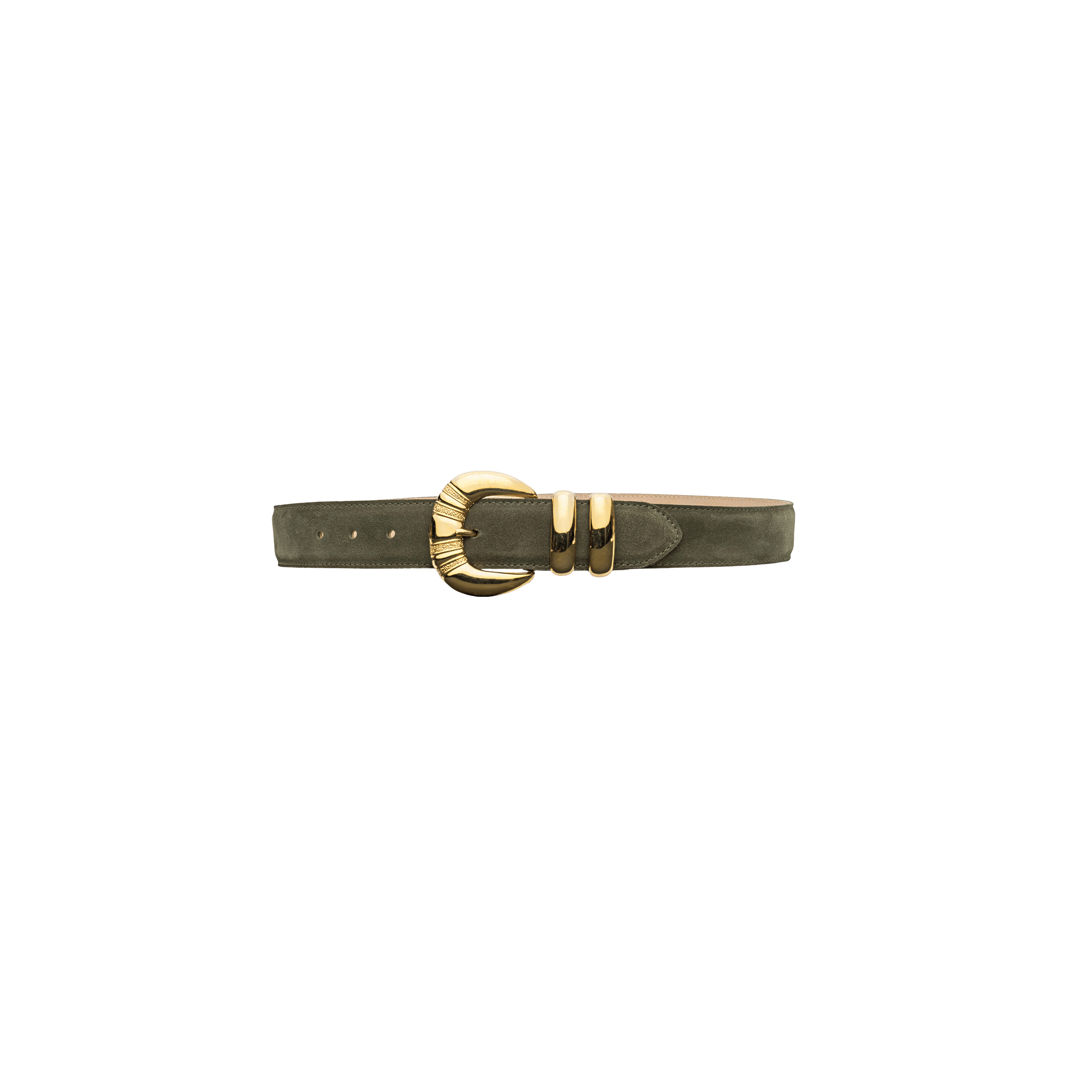 The Yarros Belt, crafted from Italian green suede, features a gold-plated decorative buckle and matching gold loops, and is showcased against a plain white background.