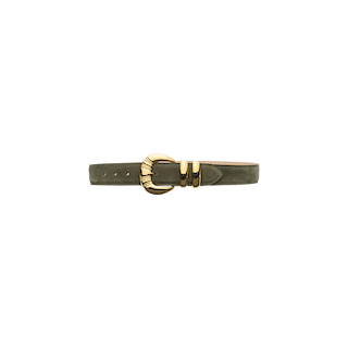A Yarros Belt in green Italian suede featuring a gold-plated, rounded buckle and two gold loops, showcased against a plain white background.