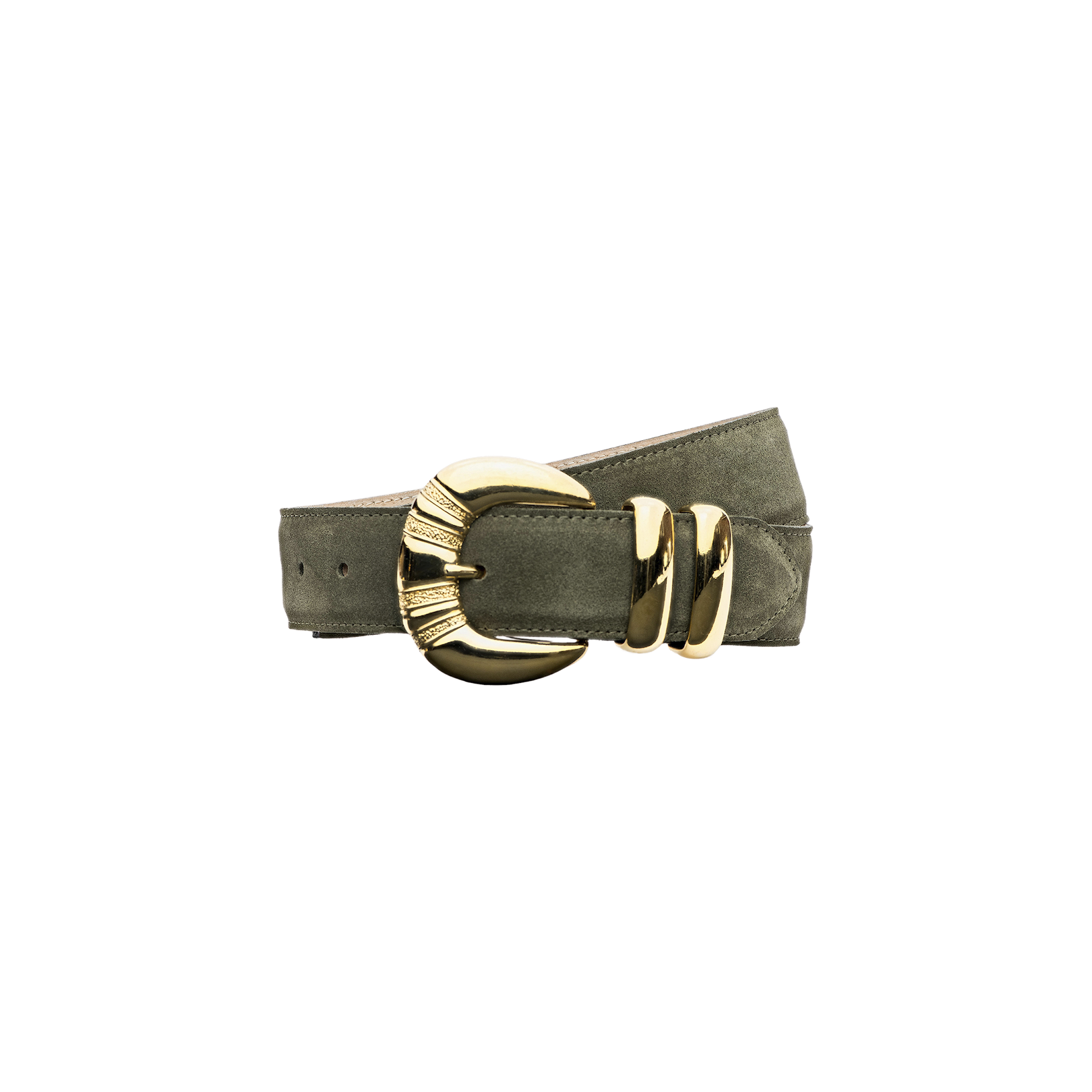 The Yarros Belt, made from luxurious Italian suede in a deep green shade, showcases a bold gold-plated buckle and two coordinating gold belt loops, all set against a simple white background.