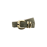 The Yarros Belt, crafted from green Italian suede, showcases a prominent gold-plated buckle and two coordinating gold belt loops, all presented against a simple white background.